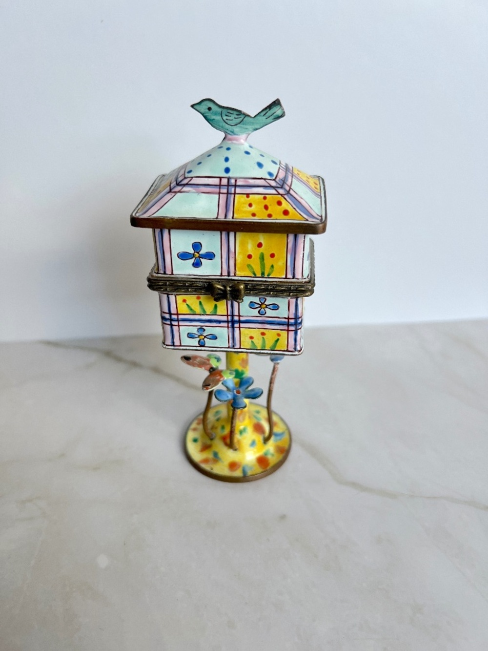 Kelvin Chen Enamel Birdhouse on Pedestal Trinket Box, Hand Painted Copper, Patch